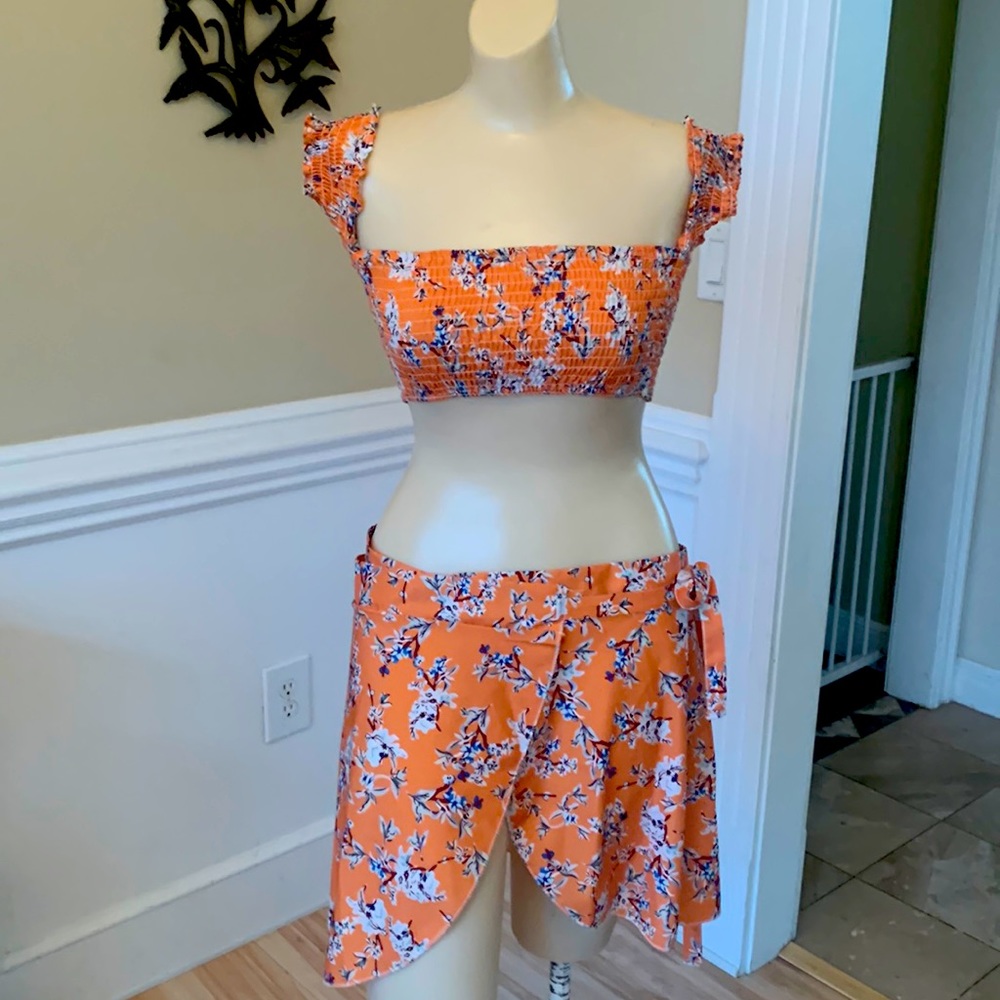 Orange floral 2 piece sarong and smocked bra top